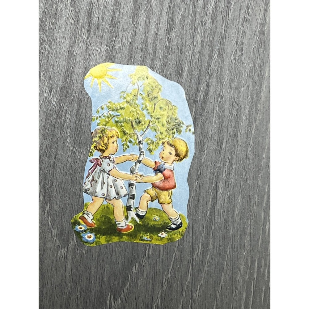 Vintage Die-Cut Scrap Children Dancing Around Birch Tree Ephemera